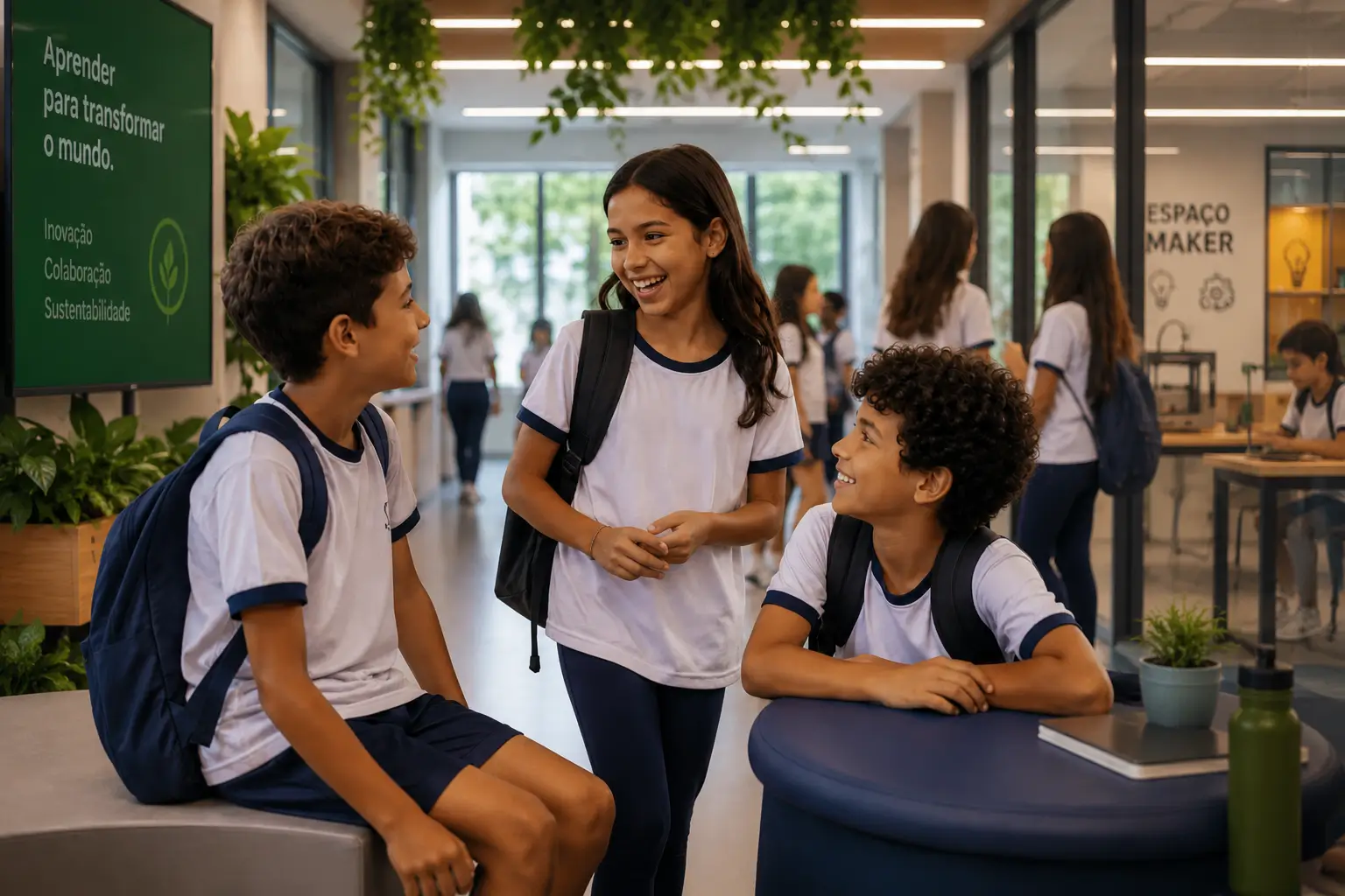 Alunos convivendo em um ambiente escolar moderno com espaço Maker