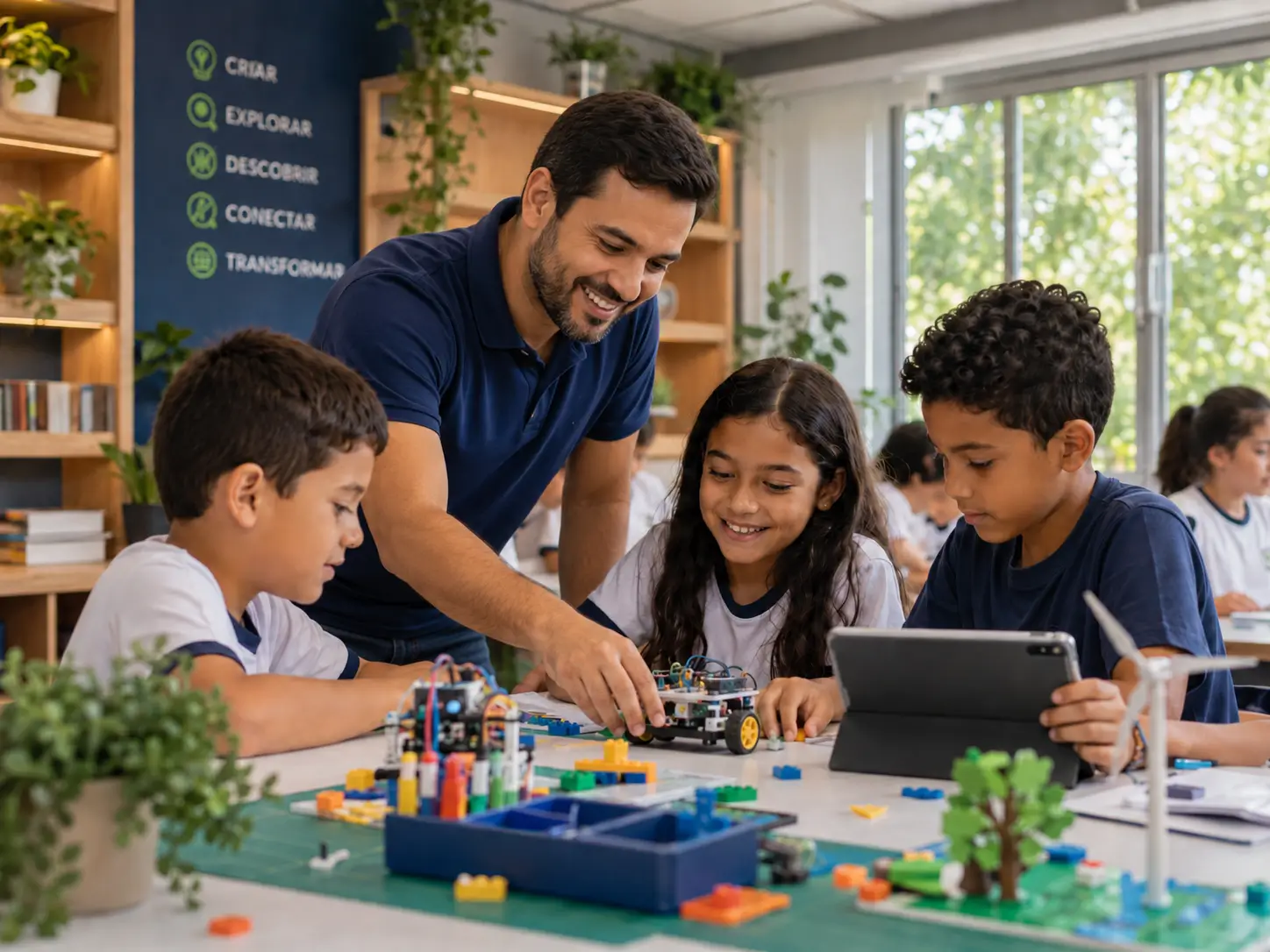 Professor orientando alunos em uma experiência pedagógica com robótica e tecnologia
