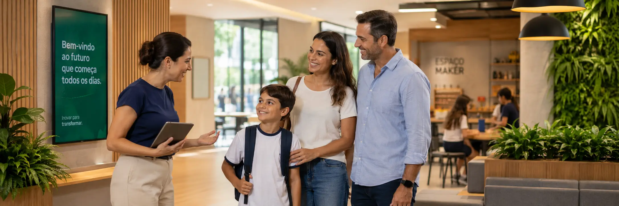 Família conhecendo uma escola particular com ambiente contemporâneo e espaço de inovação