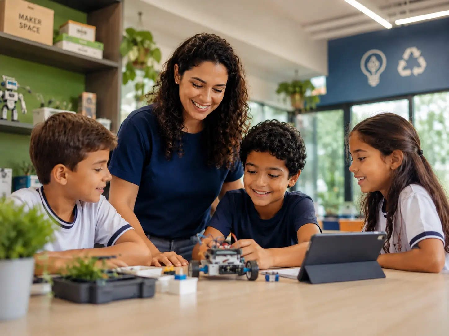 Professora orientando alunos em atividade de robótica em uma escola particular