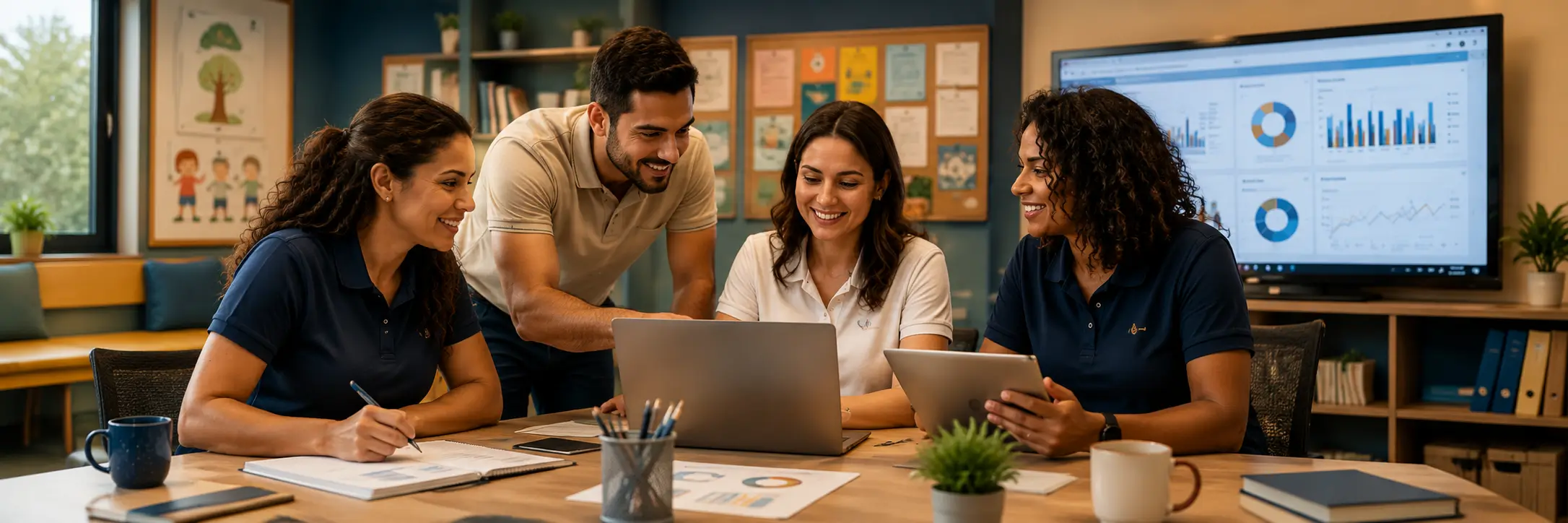 Equipe escolar analisando dados e oportunidades de matrícula em reunião colaborativa